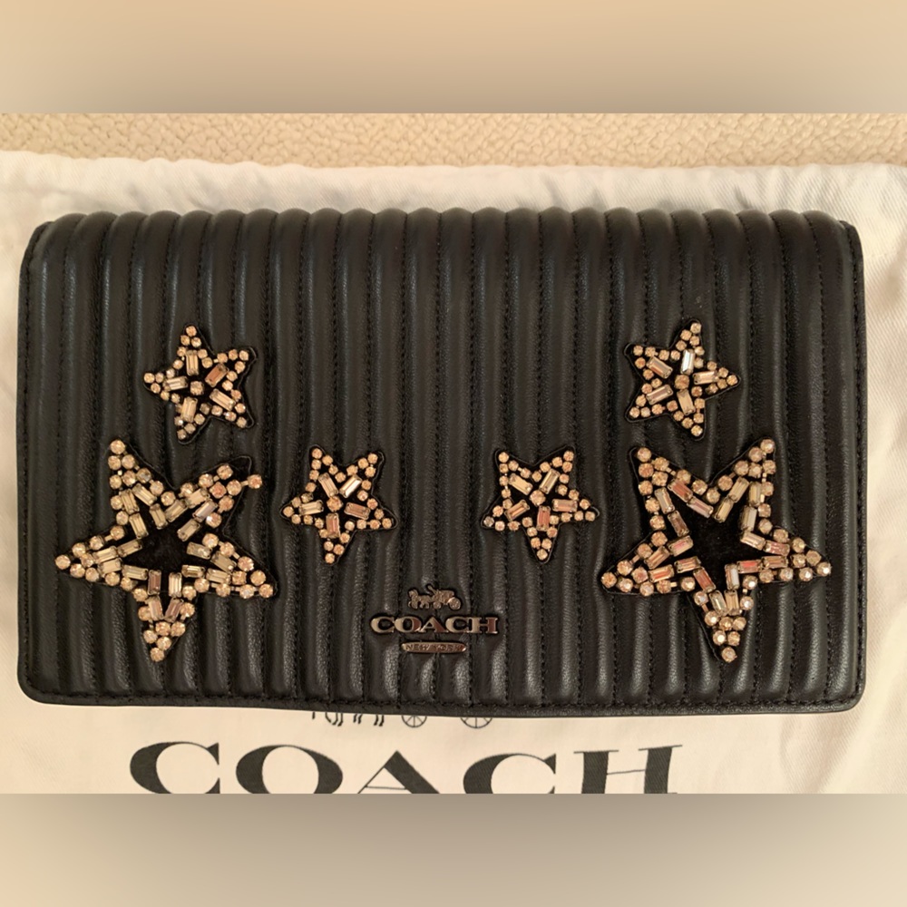 💕like new coach black soft nappa leather wallet on chain/clutch stars sequin
